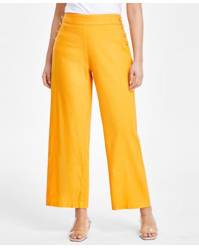 INC International Concepts Petite Linen-blend High-rise Wide-leg Pants - Yellow