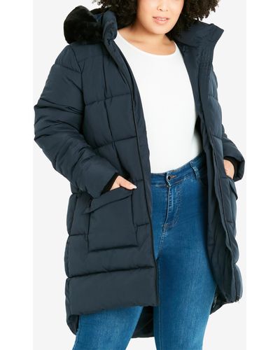Avenue Plus Size Contrast Zip Faux Fur Trim Coat - Blue