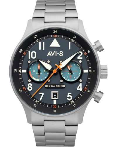 AVI-8 Hawker Hurricane Carey Dual Time Gutersloh Solid Stainless Steel Bracelet Watch 43mm - Metallic