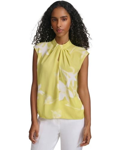Calvin Klein Sleeveless Floral Keyhole-neck Blouse - Yellow