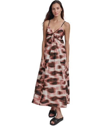 DKNY Cotton Voile Printed Sleeveless Tie Dress - Brown