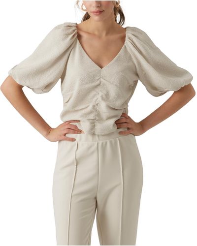 Vero Moda Textured Puff-sleeve Ruched-front Top - Gray