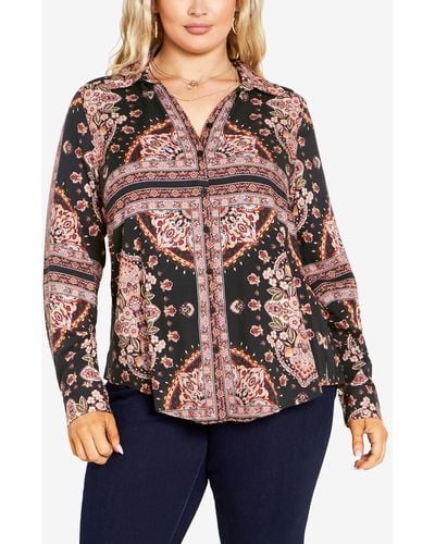 Avenue Plus Size Kendall Placement V-neck Sleeve Shirt Top - Red