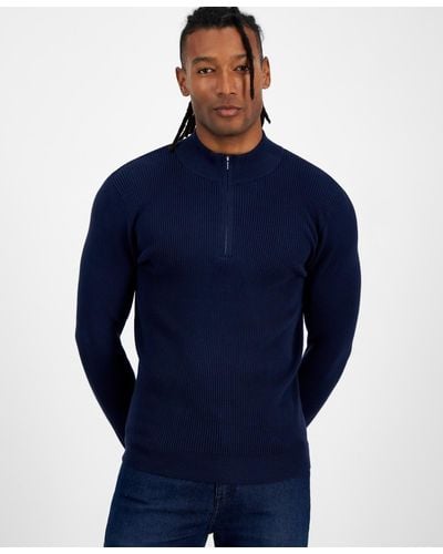 INC International Concepts Regular-fit Ribbed-knit 1/4-zip Mock Neck Sweater - Blue