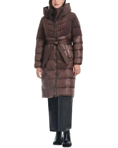 Vince Camuto Velvet Mix Belted Hooded Puffer Coat - Brown