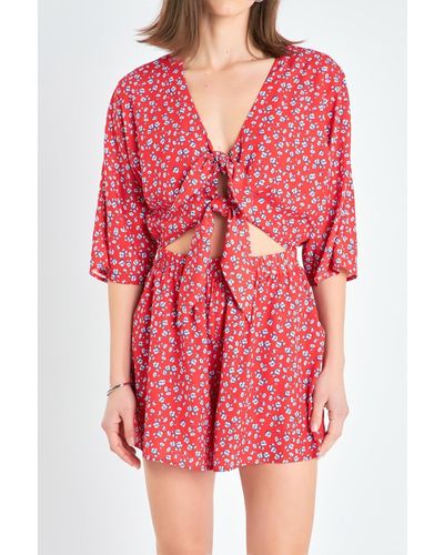 English Factory Floral Tied Romper - Red