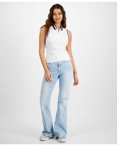 Tommy Hilfiger Striped Edge Zippered Polo Top Sylvia High Rise Ripped Flare Jeans - Blue
