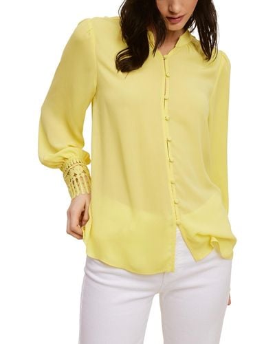 Fever Solid Soft Crepe Blouse With Lace Cuff - Yellow