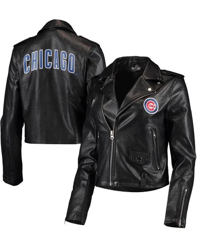 The Wild Collective Chicago Cubs Faux Leather Moto Full-zip Jacket - Black