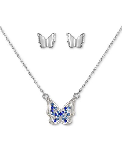 Guess Crystal Butterfly Pendant Necklace & Stud Earrings Gift Set - Blue