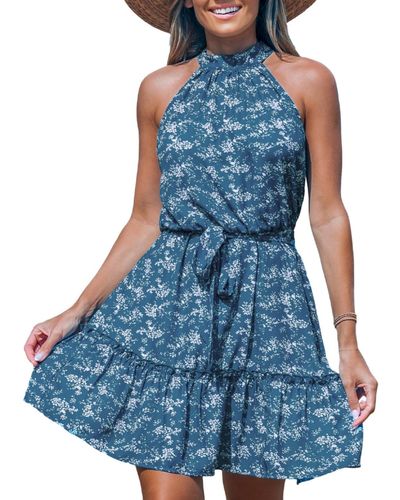 CUPSHE Ditsy Halterneck Waist Tie Mini Beach Dress - Blue