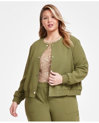 Anne Klein Plus Size Twill Collarless Snap-front Bomber Jacket - Green