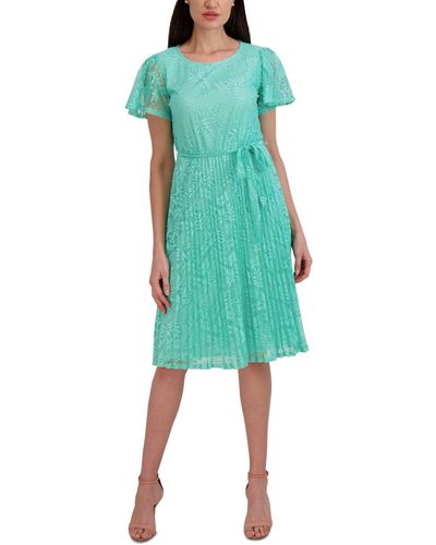 Sandra Darren Elbow-sleeve Pleated Fit & Flare Dress - Green