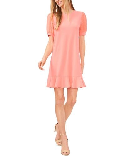 Cece Mixed Media Puffed Clip Dot Short Sleeve Dress - Pink