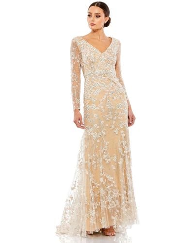 Mac Duggal Embroidered V Neck Long Sleeve Trumpet Gown - Natural