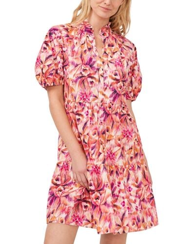 Cece Printed Puff Sleeve Ruffled Neck V-neck Tiered Baby Doll Dress