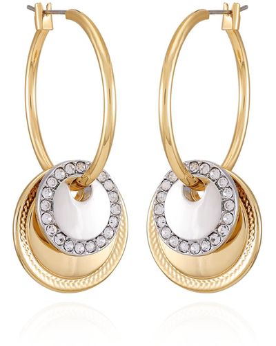 Tahari Tone Glass Stone Circle Coin Hoop Earrings - Metallic