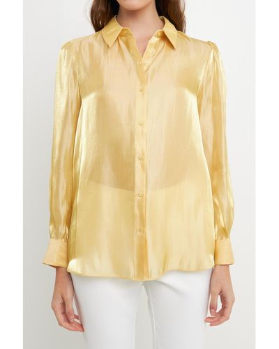 Endless Rose Shiny Sheer Dress Shirt Top - Yellow