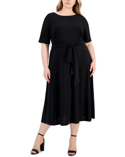 Kasper Plus Size Fit & Flare Tie-waist Knit Midi Dress - Black