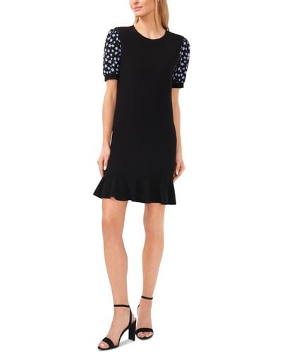 Cece Mixed-media Puff-sleeve Knit Dress - Black