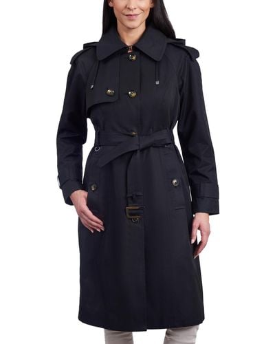 London Fog Belted Hooded Water-resistant Trench Coat - Blue