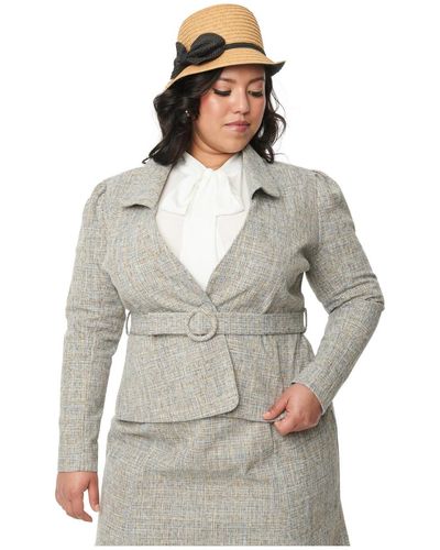 Unique Vintage Plus Size Beige & Baby Blue Tweed Belted Jacket - Gray