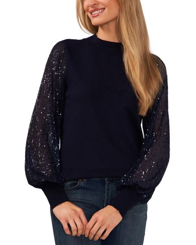 Cece Sheer-sequin-sleeve Mock-neck Cotton Sweater - Blue