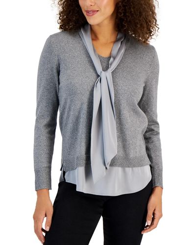 Anne Klein Tie-neck Layered-look Sweater - Gray