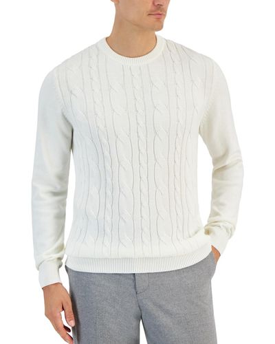 Club Room Elevated Mixed Cable Long Sleeve Crewneck Sweater - White