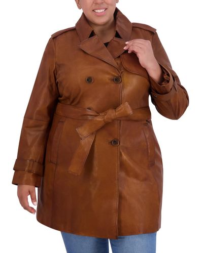 Tahari Plus Size Natalie Belted Leather Trench Coat - Brown