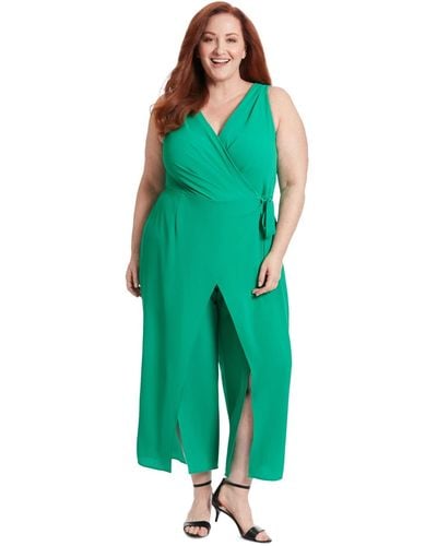 London Times Plus Size Sleeveless Sarong-tie Jumpsuit - Green