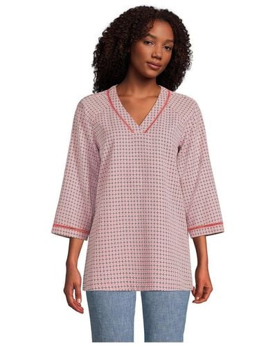Lands' End Tall Rayon 3/4 Sleeve V Neck Tunic Top - Pink