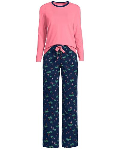 Lands' End Knit Pajama Set Long Sleeve T-shirt And Pants - Pink