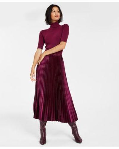 Anne Klein Half Sleeve Turtleneck Top Pull On Pleated Skirt - Red