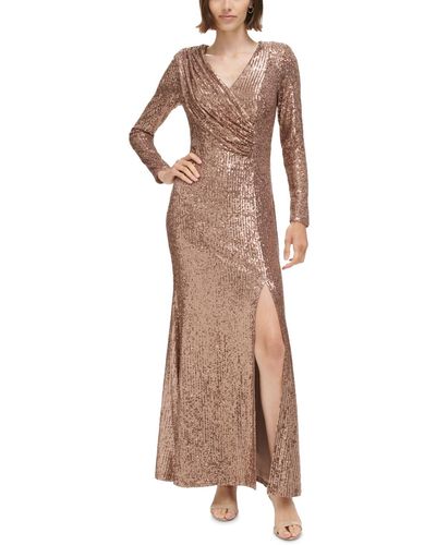 Eliza J Petite Sequined V-neck Draped-bodice Gown - Brown