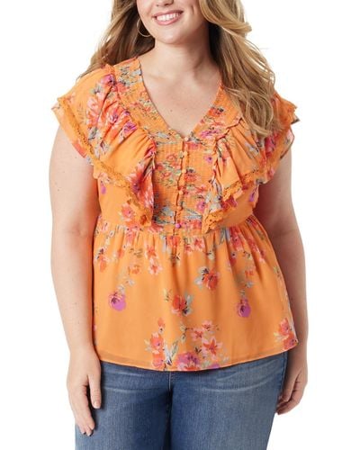 Jessica Simpson Trendy Plus Size Nori Floral Smocked Peplum Top - Orange