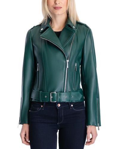 Michael Kors Belted Leather Moto Coat, Created For Macy's - Green