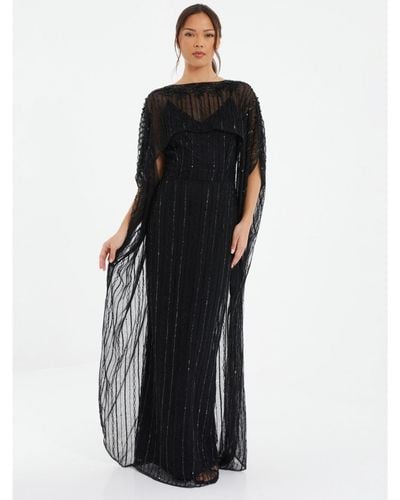 Quiz Embelleshed Mesh Evening Dress With Detachable Cape - Black