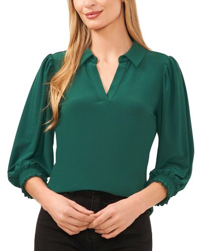 Cece Collared V-neck Puff Shoulder 3/4-sleeve Top - Green