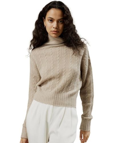 LILYSILK Classic Cable Knit Turtleneck Sweater - Natural
