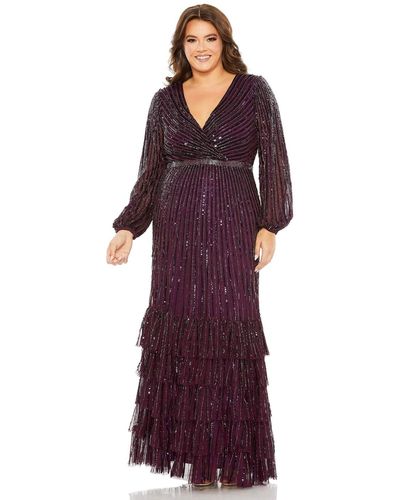 Mac Duggal Plus Size Beaded Faux Wrap Puff Sleeve Ruffle Tiered Gown - Purple