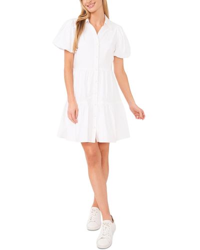 Cece Collared Puff-sleeve Tiered Shirtdress - White