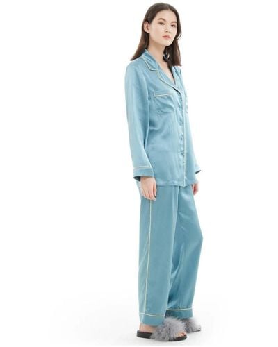 LILYSILK 22mm Gold Piping Silk Pajamas Set - Blue