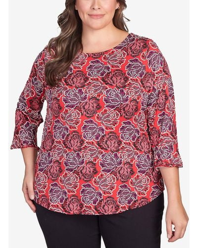 Ruby Rd. Plus Size Elegant Roses Puff Print Ruffle Sleeve Blouse - Red