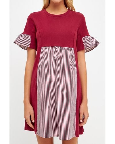 English Factory Knit Stripe Woven Mixed Dress - Red