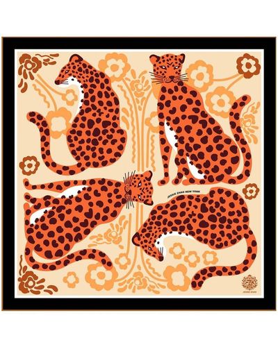 Jessie Zhao New York Silk Bandana Scraf Of Leopards With Floral Fountain - Orange