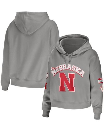 WEAR by Erin Andrews Nebraska Huskers Mixed Media Cropped Pullover Hoodie - Gray