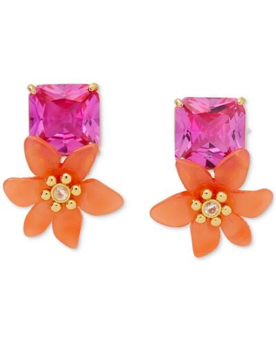 Kate Spade Gold-tone Square Cubic Zirconia & Color Flower Statement Stud Earrings - Pink