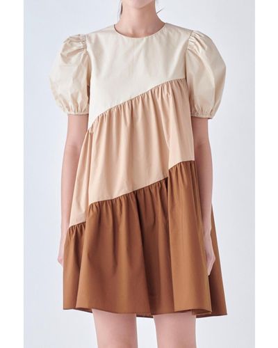 English Factory Asymmetrical Colorblock Puff Sleeve Dress - Brown