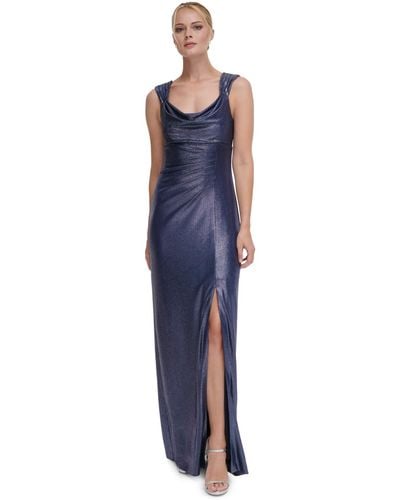 DKNY Metallic Ruched Cowlneck Gown - Blue